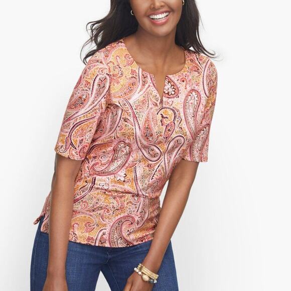 Talbots Tops - Talbots Tee Womens Petite Small Pink Tan Paisley Split Neck 3/4 Sleeve Top